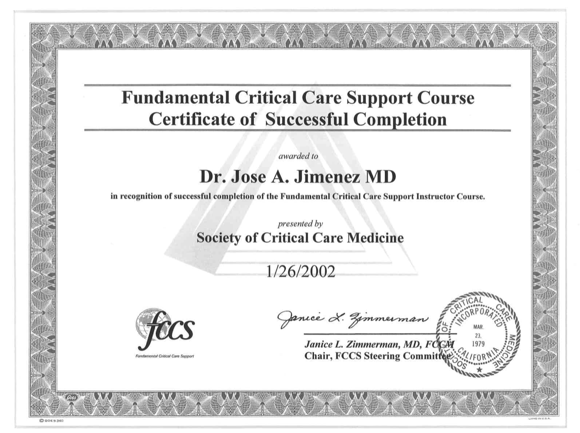 Dr. Jimenez, critical care certificate diploma